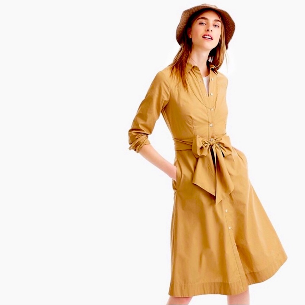 JCrew J5358 honey brown tie-waist shirt dress, size 2, 100% cotton.